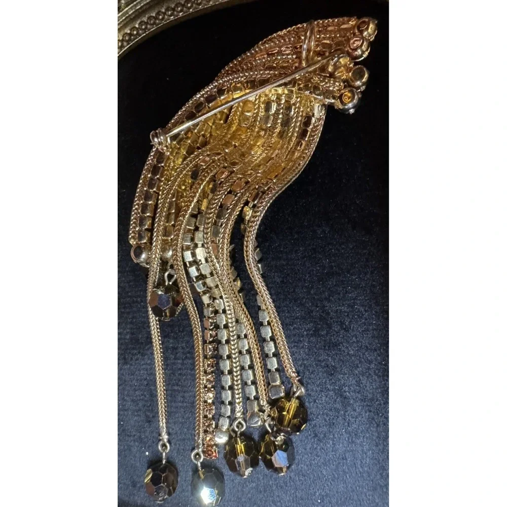 Vintage Gold Tone Waterfall Tassel Brooch Rhinestone Faceted Bead Dangle